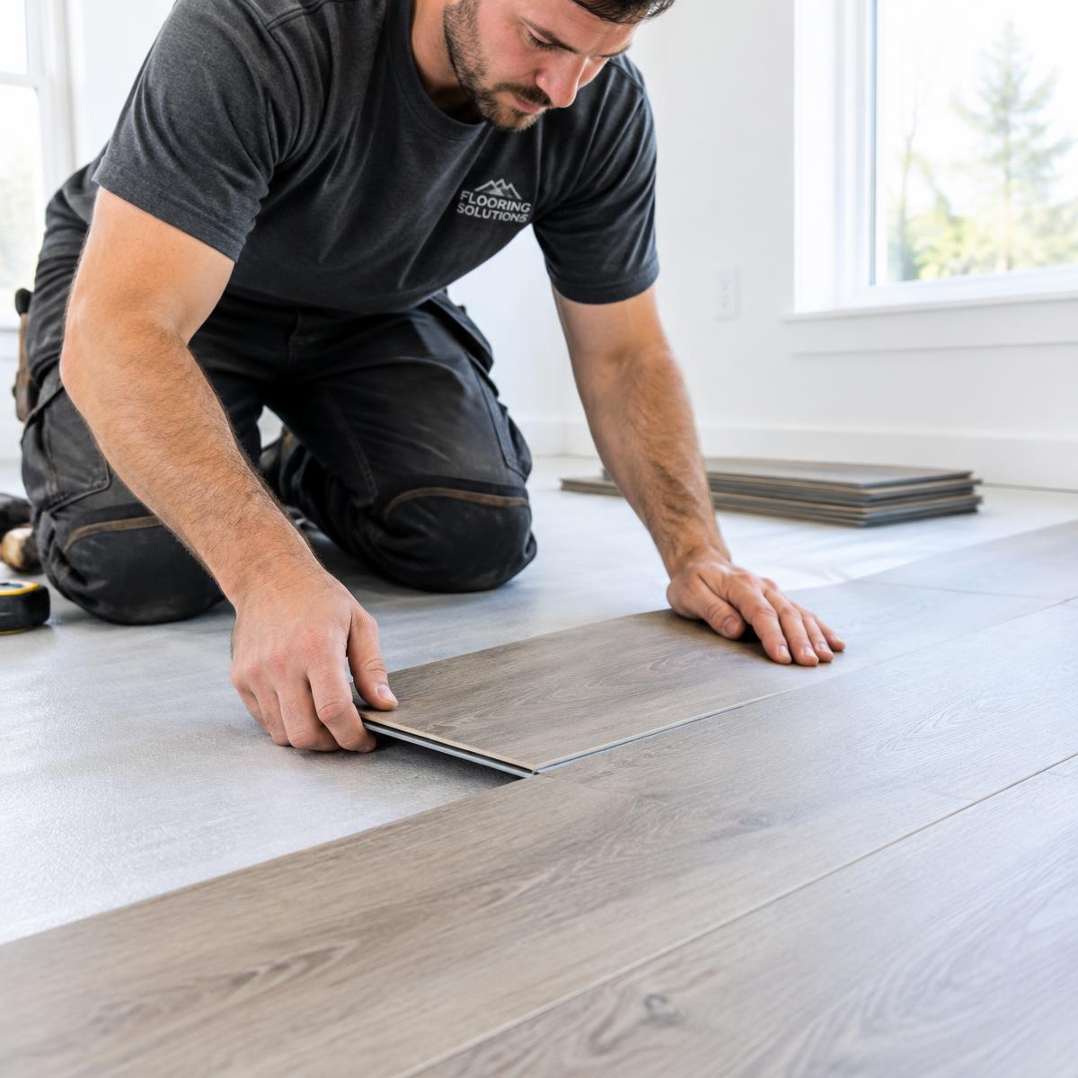 Installer carefully clicking a wood-look plank into place