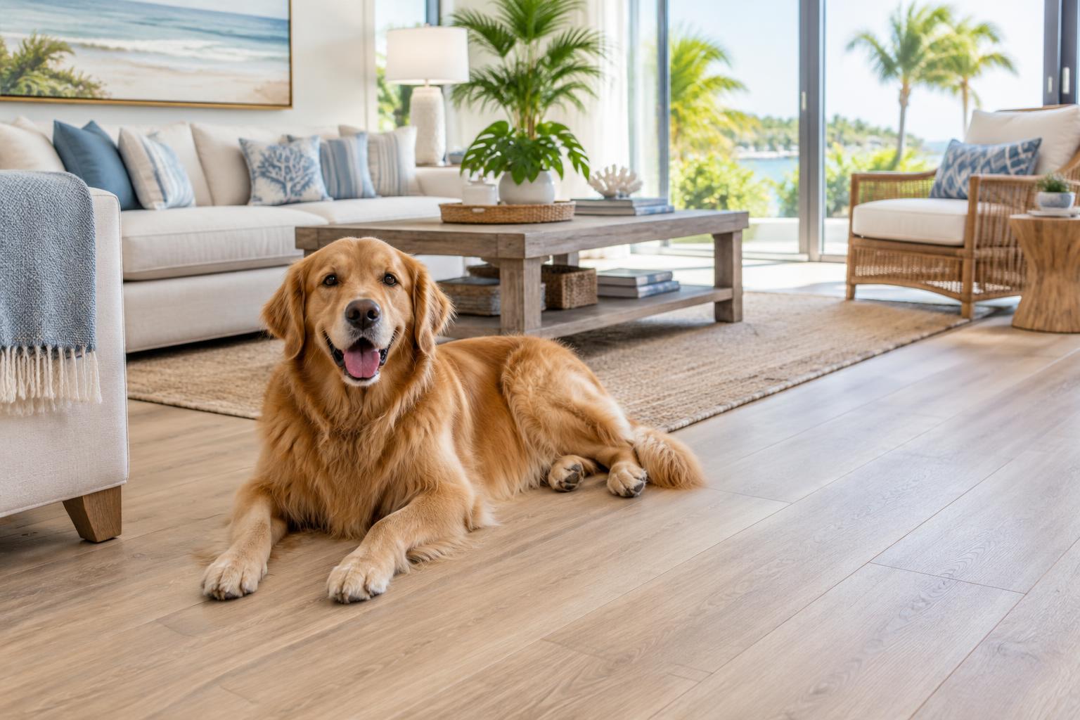 Happy dog lying on a wood-look floor in a bright Florida living room