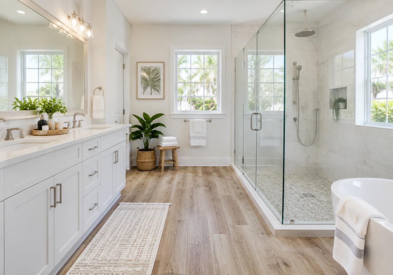 Delray Beach bathroom with wood-look porcelain plank tile