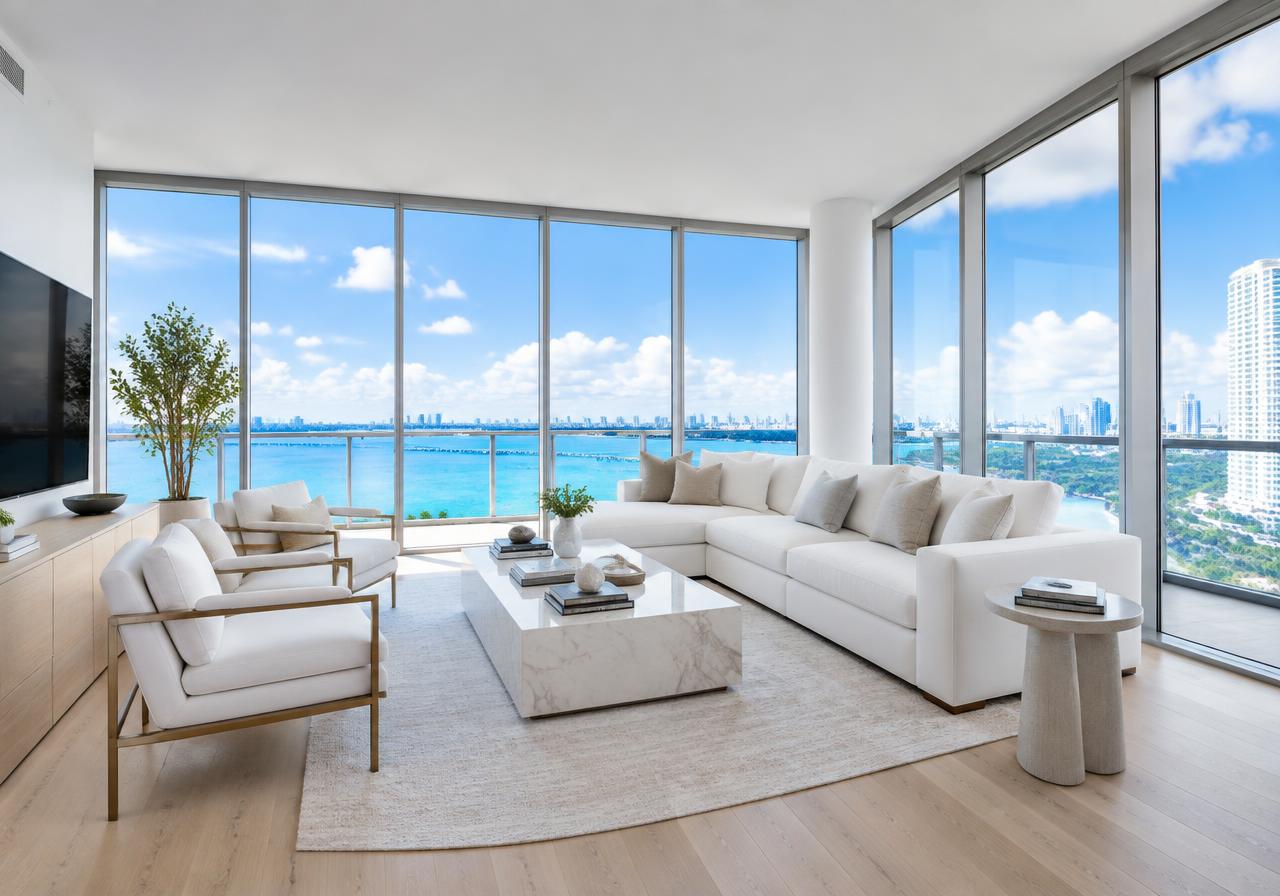 Miami condo with light vinyl plank floors and bay views